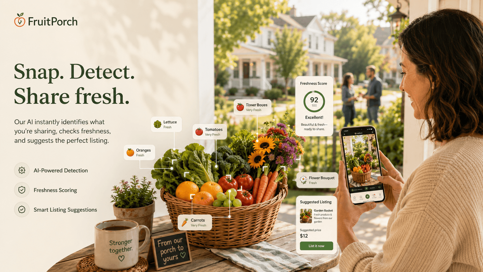 The FruitPorch app instantly detecting fruit, vegetables, and flowers from a photo and scoring their freshness