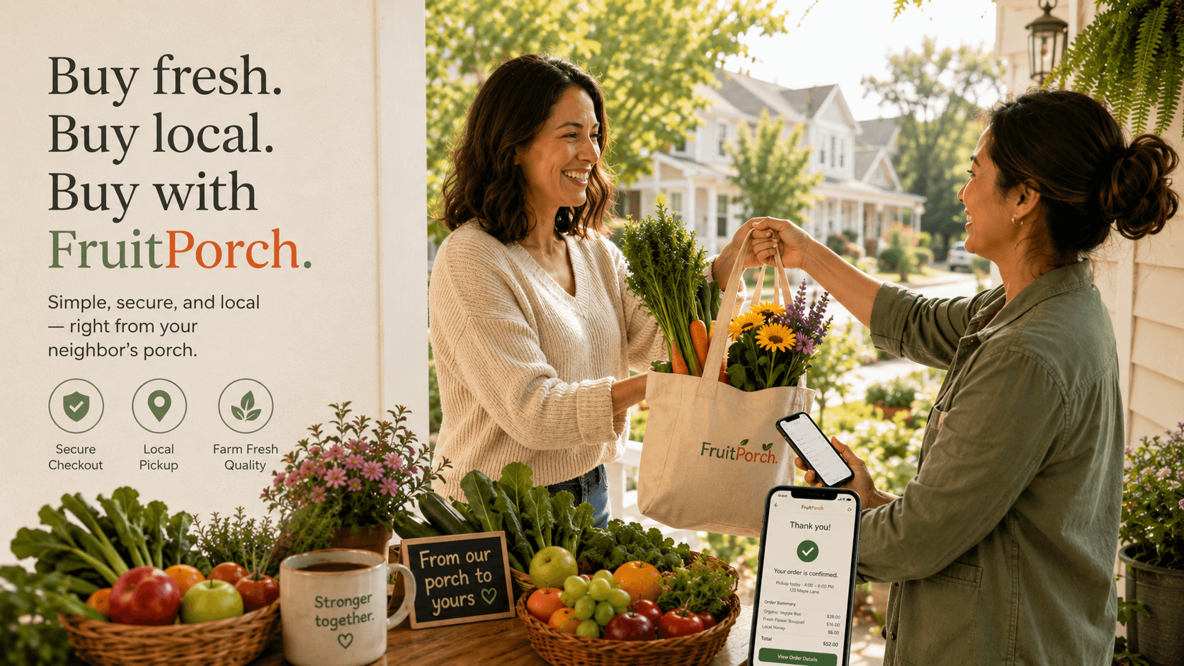A neighbor buying fresh produce and flowers from a porch stand and paying securely with Fruit Bucks in the FruitPorch app