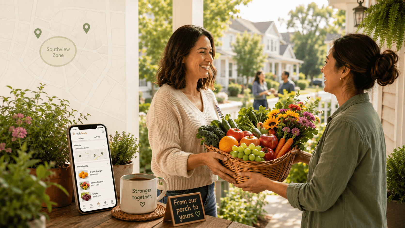 Two neighbors exchanging a basket of fresh fruit, vegetables, and flowers on a front porch, with the FruitPorch app open nearby