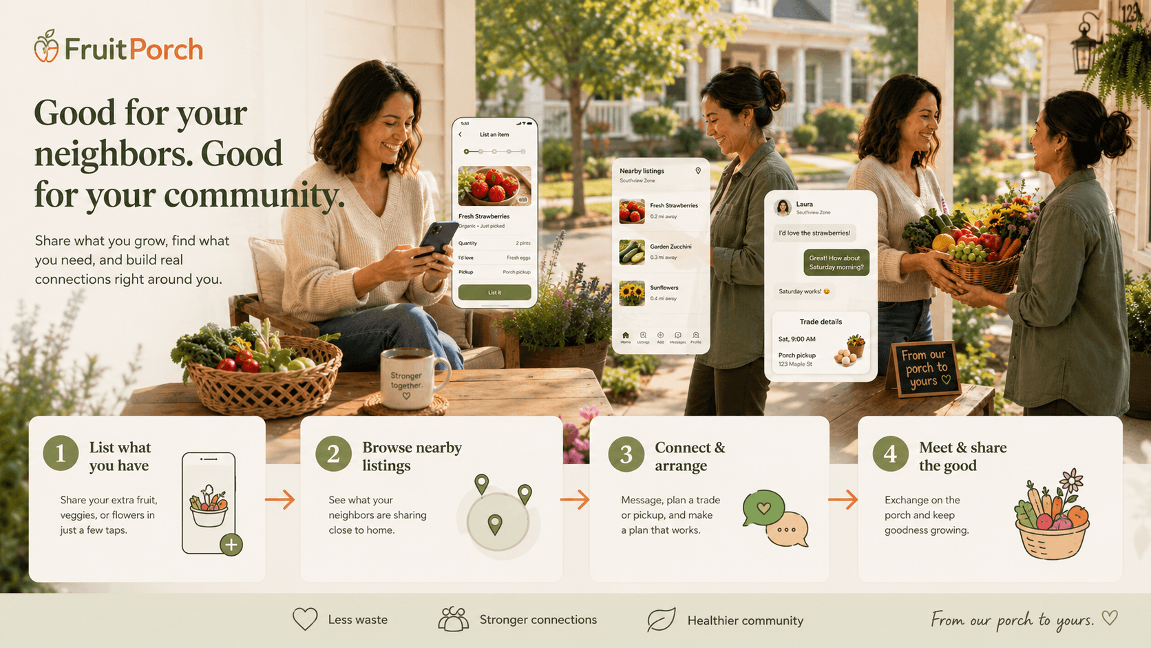 The four FruitPorch steps: list what you grow, browse nearby listings, connect and arrange, then meet and share fruit, vegetables, and flowers